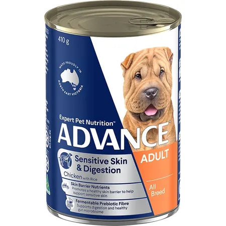 Advance Adult Dog Wet Food Tins Sensitive Skin & Digestion Chicken & Rice 12 x 410g