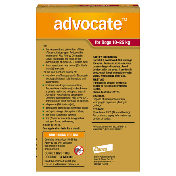 Advocate Fleas, Heartworm & Worms Treatment Dogs 10kg to 25kg (3 x 2.5ml Tubes)