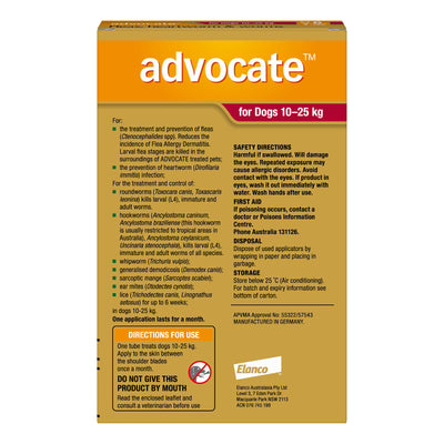 Advocate Fleas, Heartworm & Worms Treatment Dogs 10kg to 25kg (6 x 2.5ml Tubes)