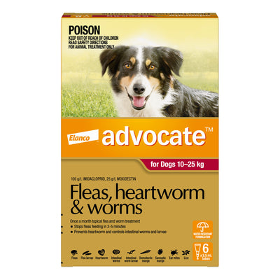 Advocate Fleas, Heartworm & Worms Treatment Dogs 10kg to 25kg (6 x 2.5ml Tubes)