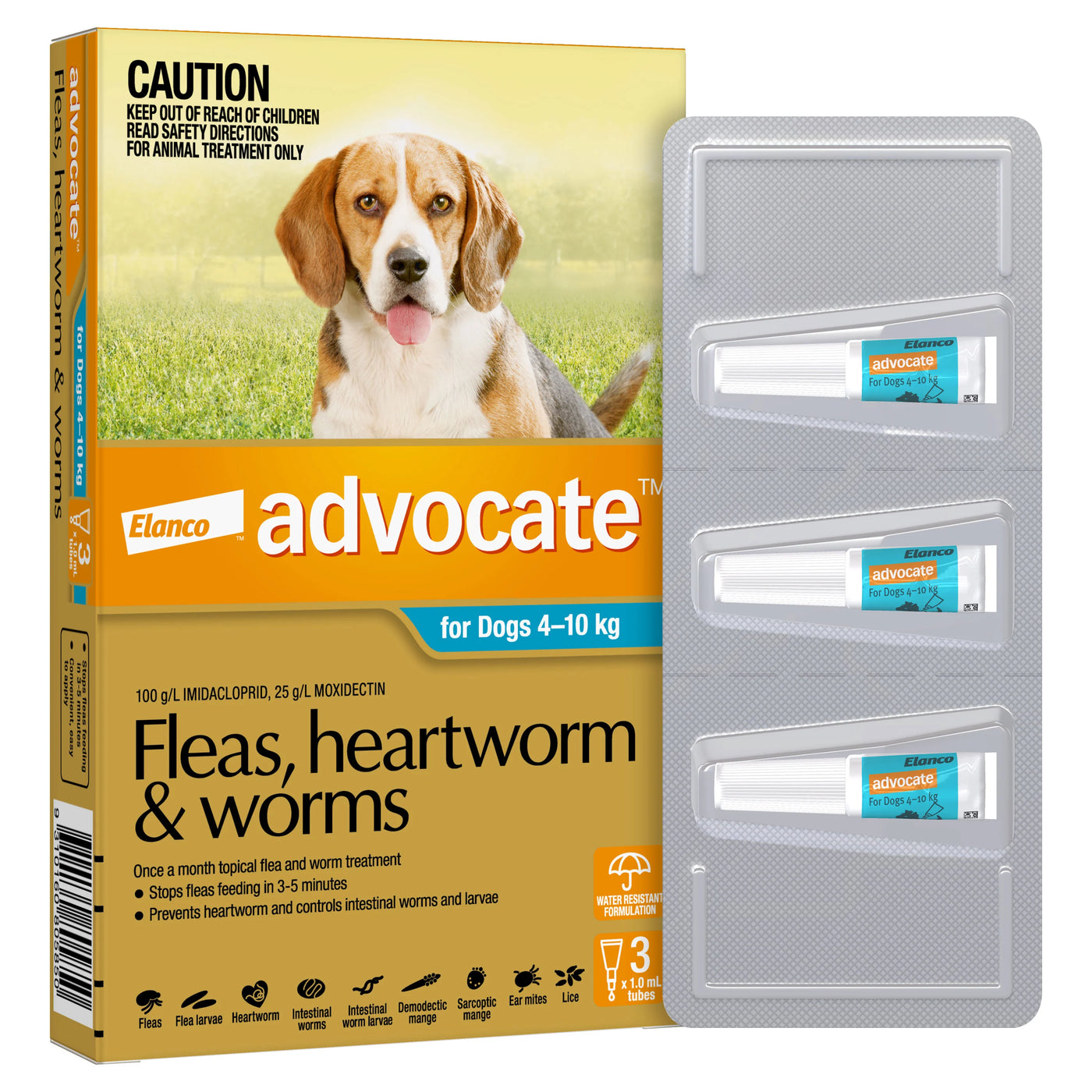 Advocate Fleas, Heartworm & Worms Treatment Dogs 4kg to 10kg (3 x 1.0ml Tubes)