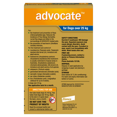 Advocate Fleas, Heartworm & Worms Treatment Dogs 25kg (3 x 4.0ml Tubes)