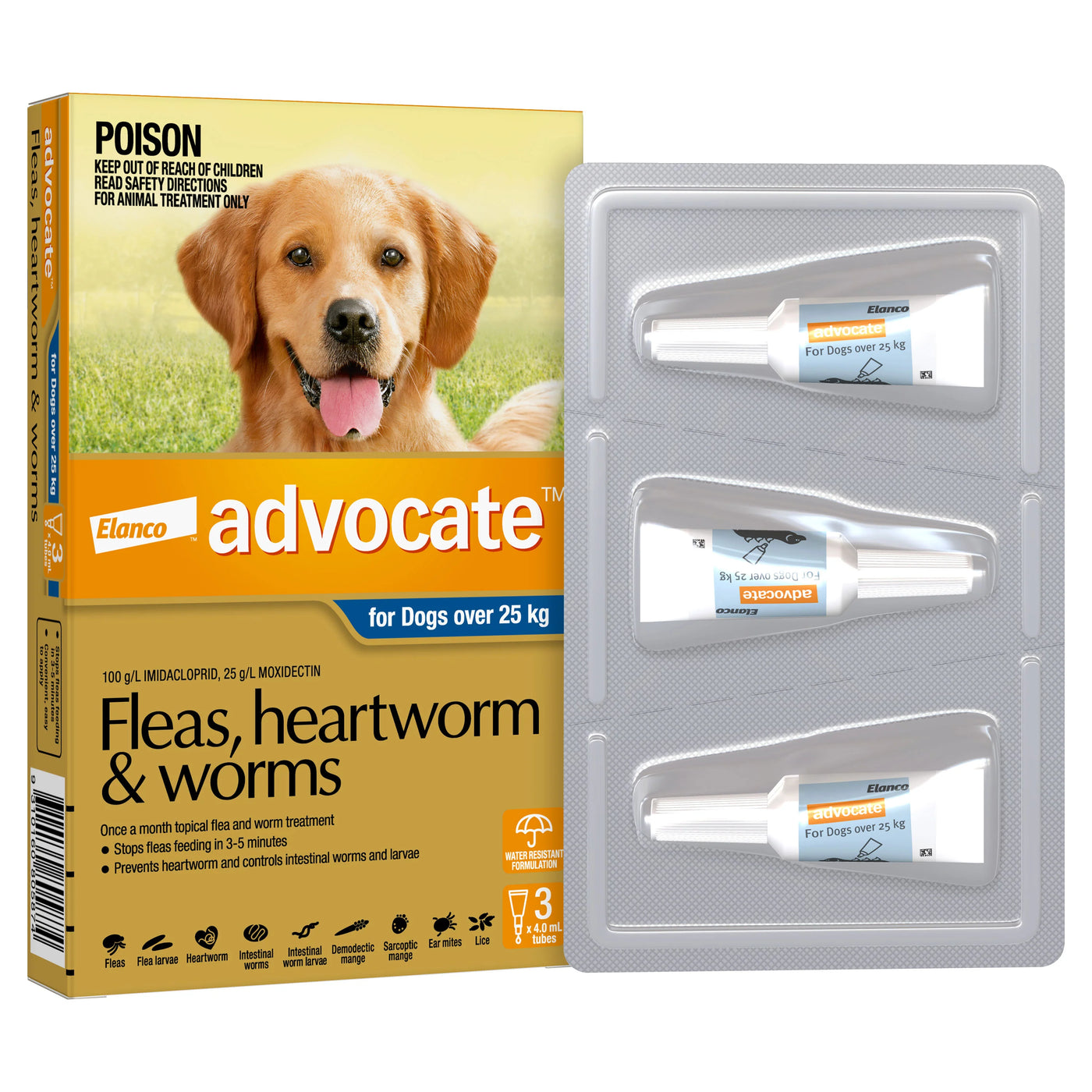 Advocate Fleas, Heartworm & Worms Treatment Dogs 25kg (3 x 4.0ml Tubes)