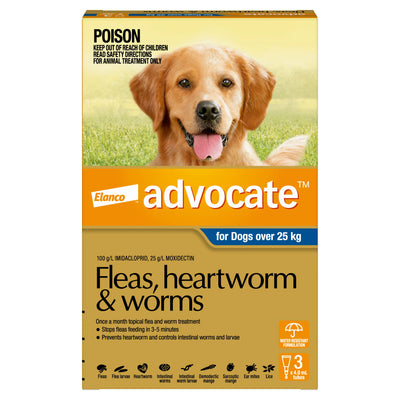 Advocate Fleas, Heartworm & Worms Treatment Dogs 25kg (3 x 4.0ml Tubes)