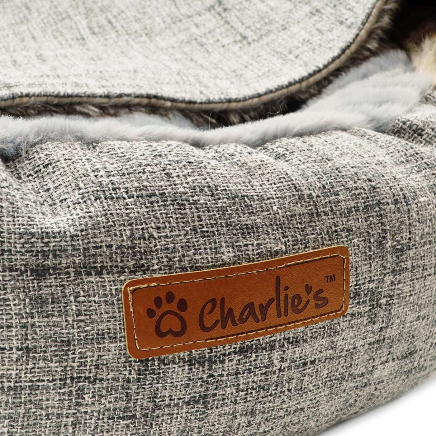 Charlie's Snookie Hooded Pet Bed Faux Wolf Fur & Linen - Light Grey