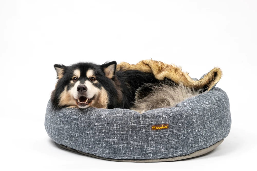 Charlie's Snookie Hooded Pet Bed Faux Wolf Fur & Linen - Dark Grey