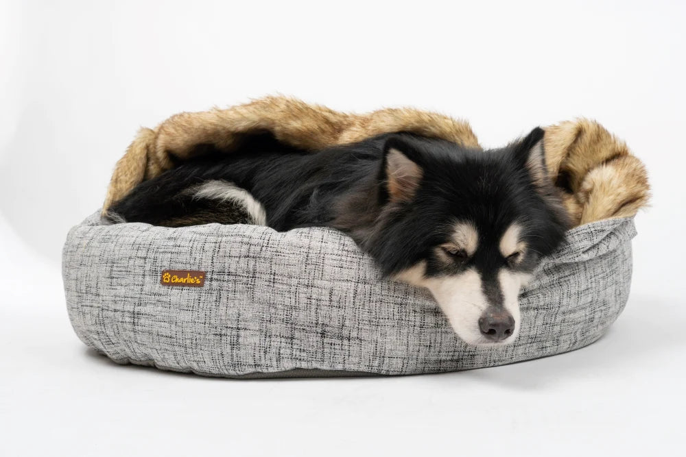 Charlie's Snookie Hooded Pet Bed Faux Wolf Fur & Linen - Light Grey