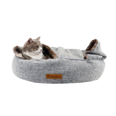 Charlie's Snookie Hooded Pet Bed Faux Wolf Fur & Linen - Light Grey