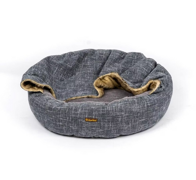 Charlie's Snookie Hooded Pet Bed Faux Wolf Fur & Linen - Dark Grey