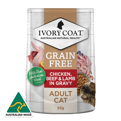 Ivory Coat Adult Cat Wet Food Grain Free Chicken Beef & Lamb in Gravy Pouches 12 x 85g