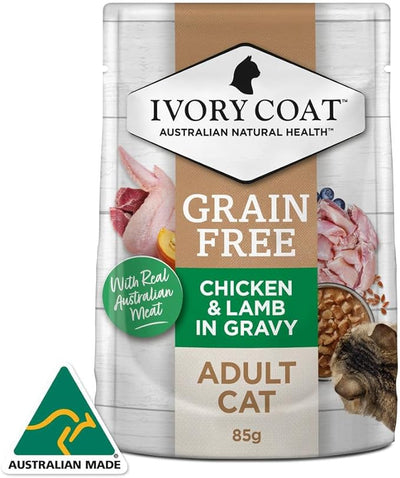 Ivory Coat Adult Cat Wet Food Grain Free Chicken & Lamb in Gravy Pouches 12 x 85g