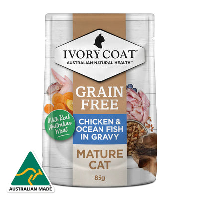 Ivory Coat Mature Cat Wet Food Grain Free Chicken & Ocean Fish in Gravy Pouches 12 x 85g