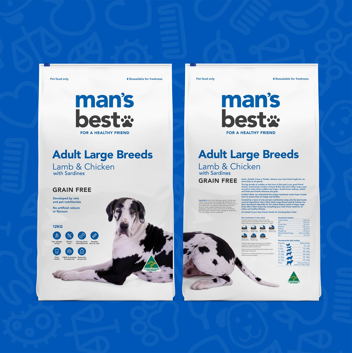 Man's Best Adult Dog Dry Food Large Breeds Grain Free Lamb & Chicken with Sardines - 12kg