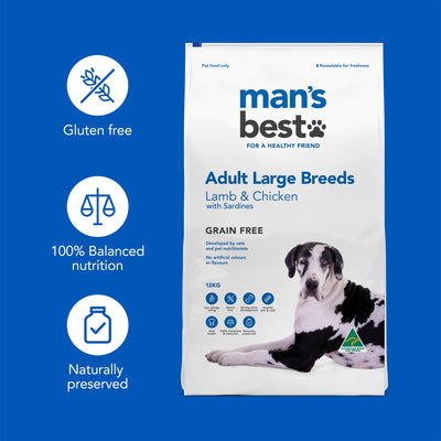 Man's Best Adult Dog Dry Food Large Breeds Grain Free Lamb & Chicken with Sardines - 12kg