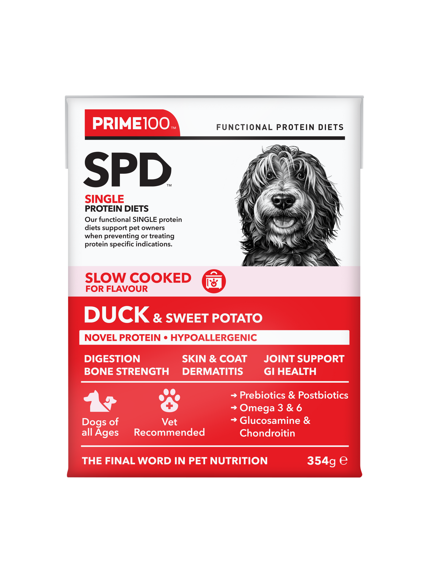 Prime100 SPD Slow Cooked Duck & Sweet Potato Dog Food Tray of 12 x 354g