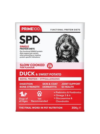 Prime100 SPD Slow Cooked Duck & Sweet Potato Dog Food Tray of 12 x 354g