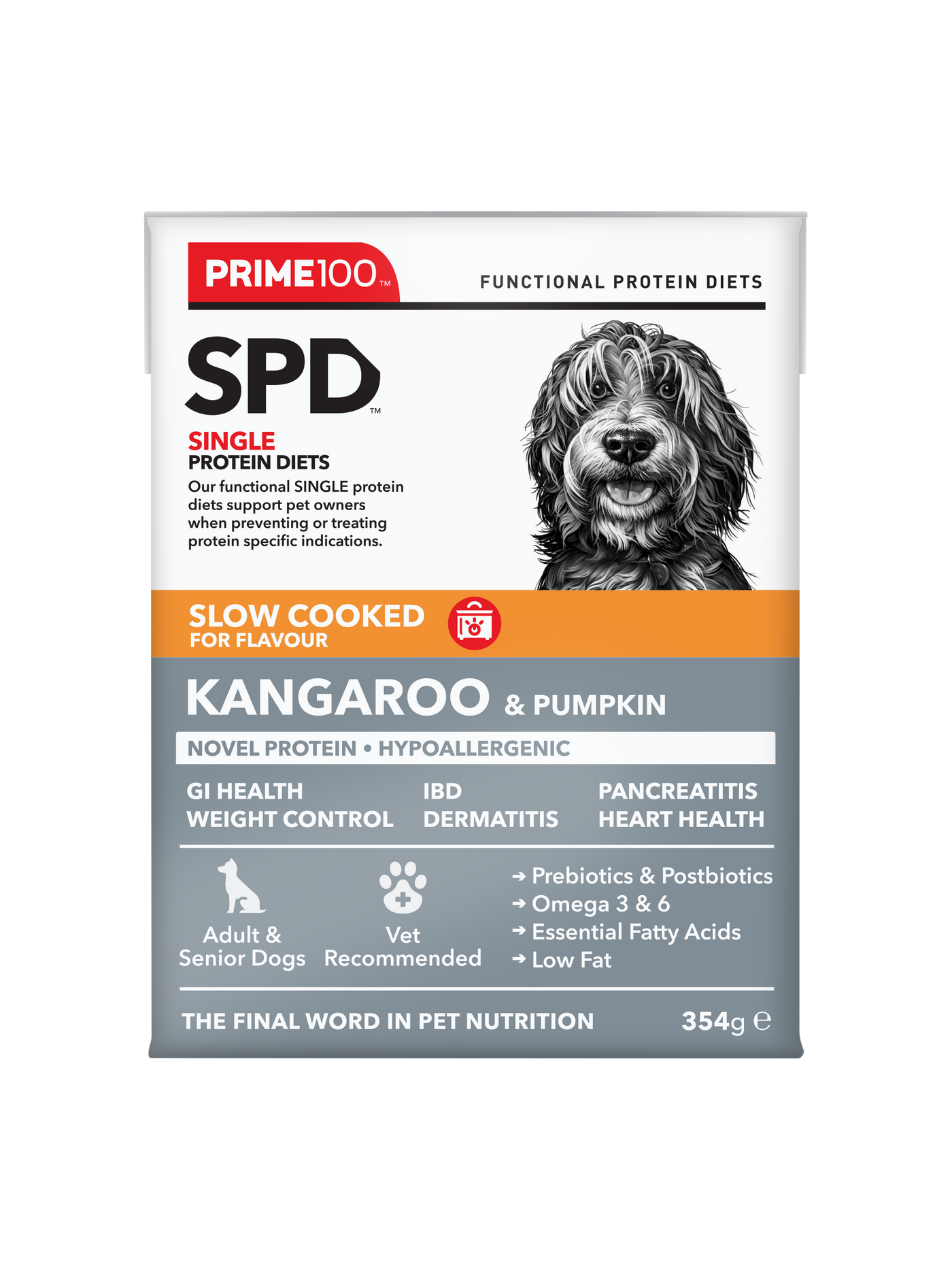 Prime100 SPD Slow Cooked Kangaroo & Pumpkin Dog Food Tray of 12 x 354g