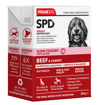 Prime100 SPD Slow Cooked Beef & Carrot Dog Food Tray of 12 x 354g