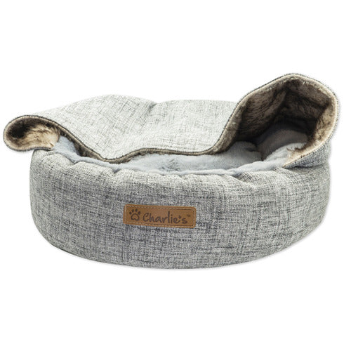 Charlie's Snookie Hooded Pet Bed Faux Wolf Fur & Linen - Light Grey