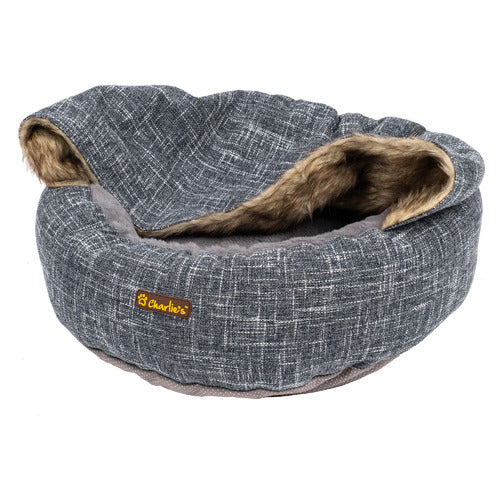 Charlie's Snookie Hooded Pet Bed Faux Wolf Fur & Linen - Dark Grey