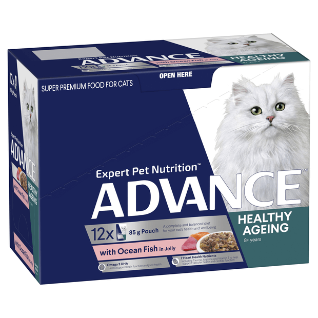 Advance Adult Cat Wet Food Healthy Ageing Ocean Fish in Jelly Pouches 12 x 85g