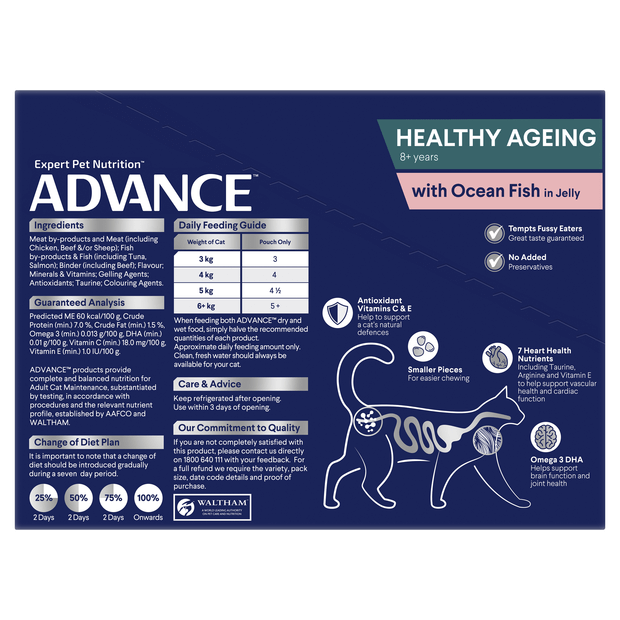 Advance Adult Cat Wet Food Healthy Ageing Ocean Fish in Jelly Pouches 12 x 85g