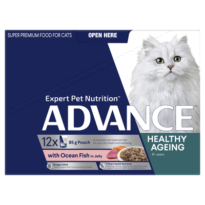 Advance Adult Cat Wet Food Healthy Ageing Ocean Fish in Jelly Pouches 12 x 85g