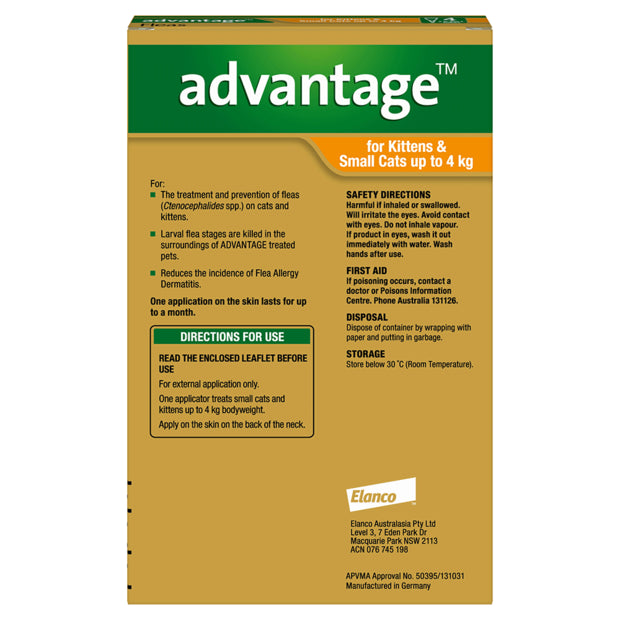 Advantage Fleas Kittens & Cats up to 4kg (6 x 0.4ml Tubes)