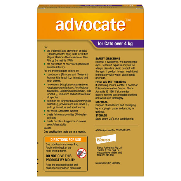 Advocate Fleas, Heartworm & Worms Cats over 4kg (1 x 0.8ml Tube)