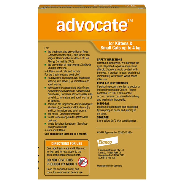 Advocate Fleas, Heartworm & Worms Kittens & Small Cats up to 4kg (6 x 0.4ml Tubes)