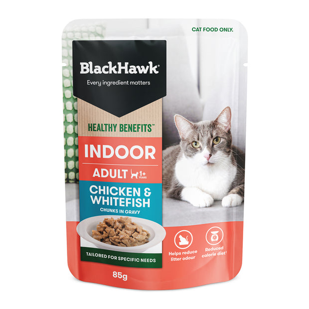 Black Hawk Pouches Indoor Adult Cat Wet Food Chicken & Whitefish in Gravy 12 x 85g