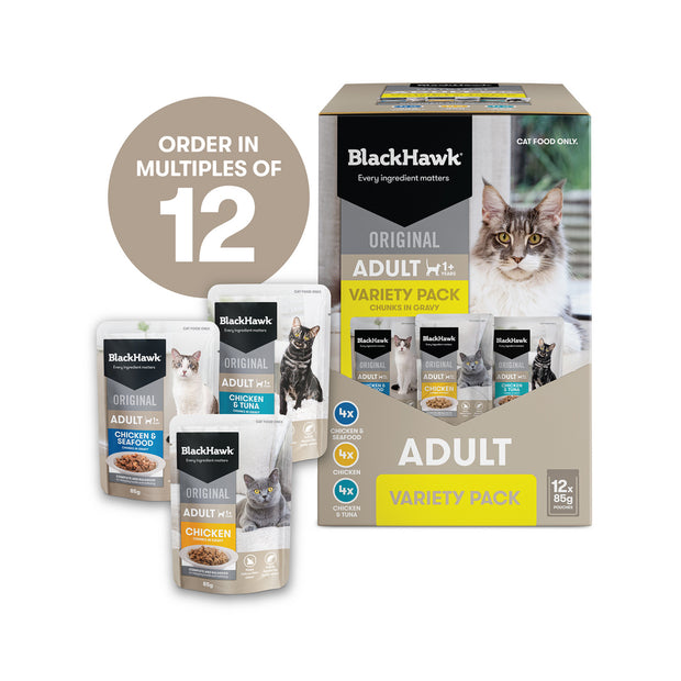 Black Hawk Pouches Adult Cat Wet Food Variety Pack in Gravy 12 x 85g