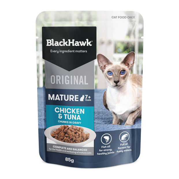 Black Hawk Pouches Mature Cat Wet Food Chicken & Tuna in Gravy 12 x 85g