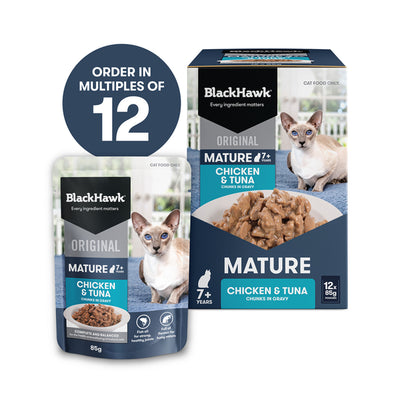 Black Hawk Pouches Mature Cat Wet Food Chicken & Tuna in Gravy 12 x 85g