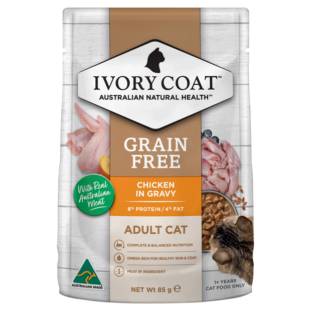 Ivory Coat Adult Cat Wet Food Grain Free Chicken in Gravy Pouches 12 x 85g