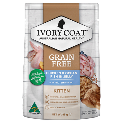 Ivory Coat Kitten Grain Free Wet Food Chicken & Ocean Fish in Jelly Pouches 12 x 85g