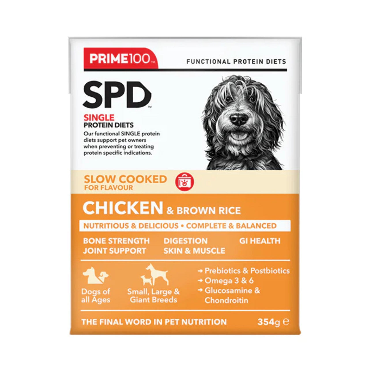 Prime100 SPD Slow Cooked Chicken & Brown Rice Dog Food Tray of 12 x 354g