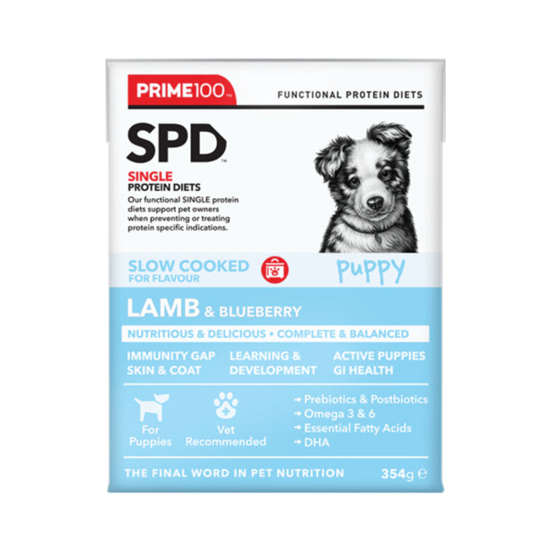 Prime100 SPD Slow Cooked Lamb & Blueberry Puppy Food Tray of 12 x 354g