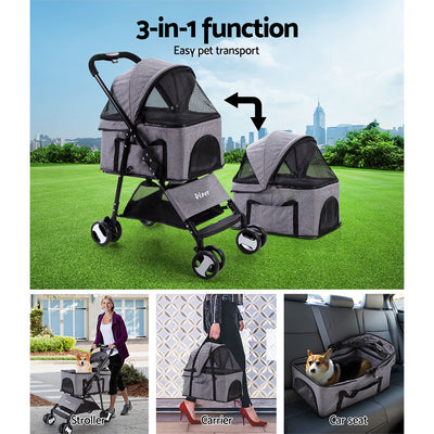 i.Pet Foldable 4 Wheels Grey Pet Stroller - Large