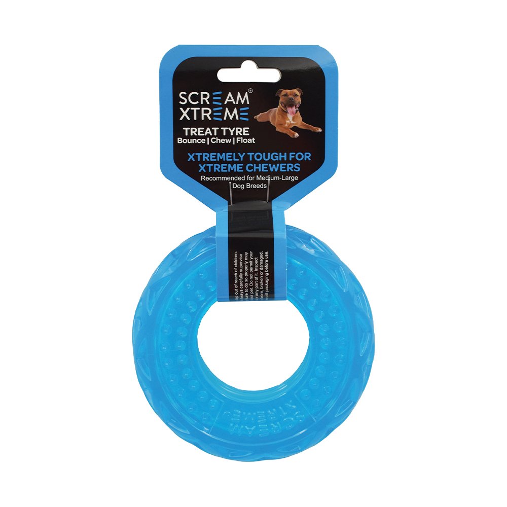 Scream Xtreme Treat Tyre Loud Blue Dog Toy