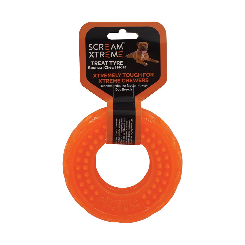 Scream Xtreme Treat Tyre Loud Orange Dog Toy